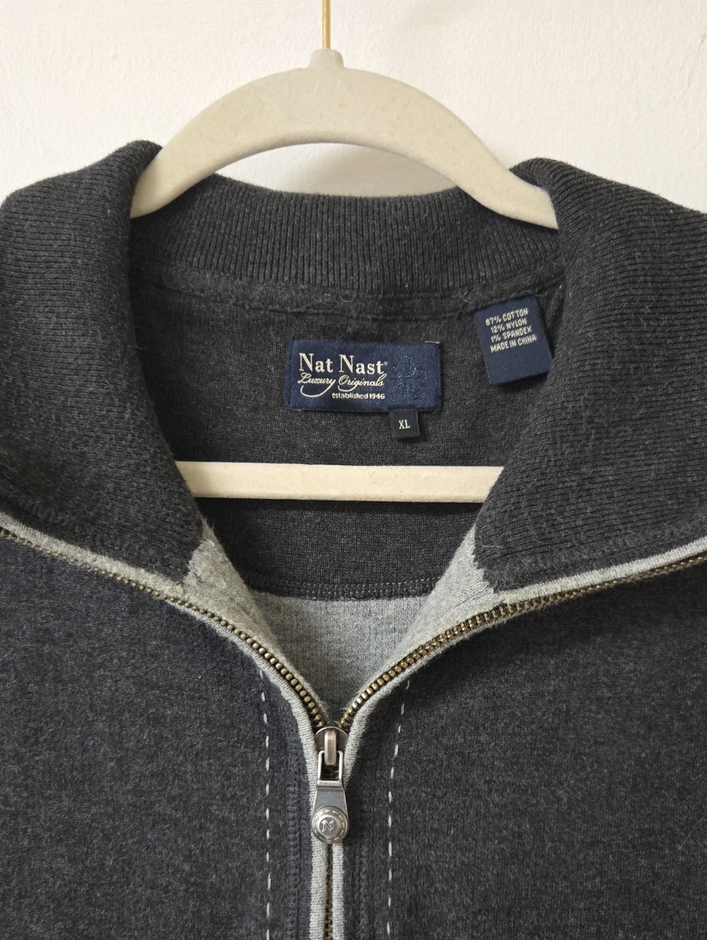 Nat Nast Men's Dark Charcoal Gray Zip-Up Sweater with Light Gray Trim XL
